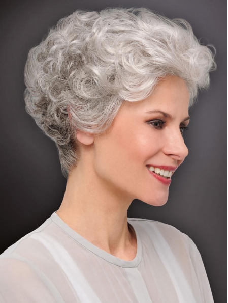 6" Cropped Curly New Monofilament Grey Wigs