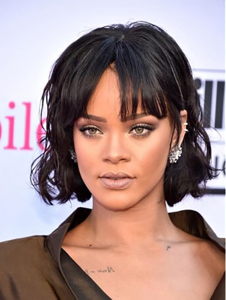 Black 10" Wavy Bobs Chin Length Rihanna Wigs