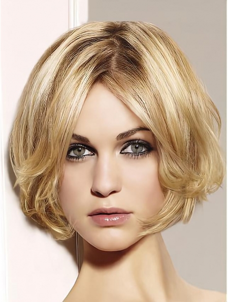 Preferential Blonde Wavy Chin Length Remy Human Lace Wigs For Cancer
