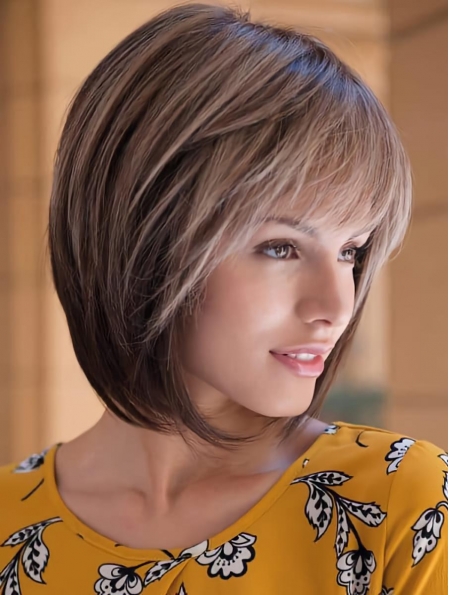 Bobs Remy Human Hair Brown Straight Lace Wigs Hand Made