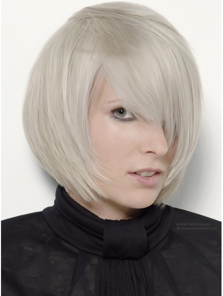 Young Fashion Platinum Blonde With Side Bangs Chin Length Capless Wigs
