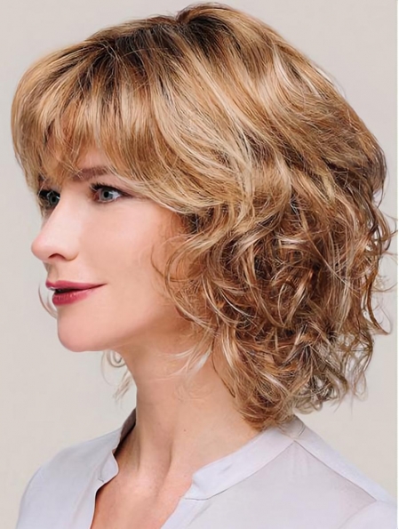 Monofilament Blonde Chin Length Curly 12" With Bangs Synthetic Wigs For Women
