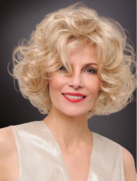 Curly Chin Length Designed Synthetic Platinum Blonde Monofilament Wigs