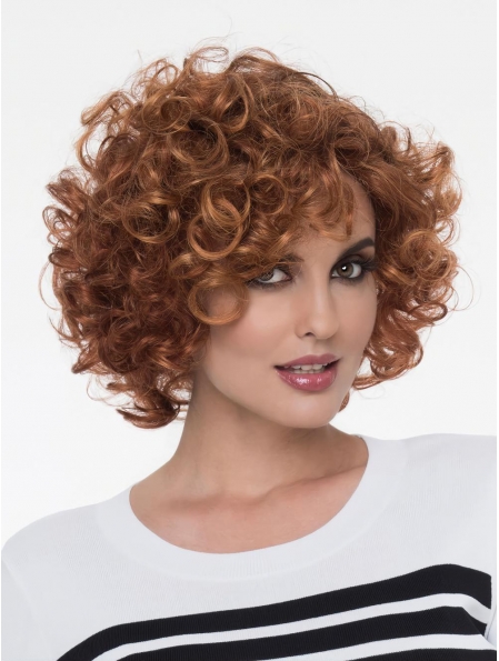 Curly Auburn With Bangs Mono Natural Looking Synthetic Lace Wigs