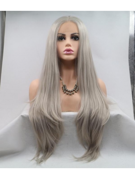 Fashion Long Straight Synthetic Lace Front Silver Wigs