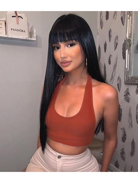 Natural Looking Black Long Straight  Elf Kiss Synthetic Lace Front Wigs With Bang