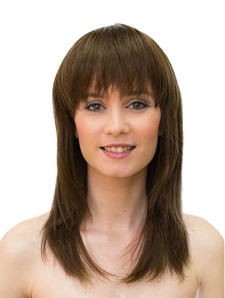 Lace Front Brown 16" Straight Long With Bangs Sleek Human Hair Women Wigs