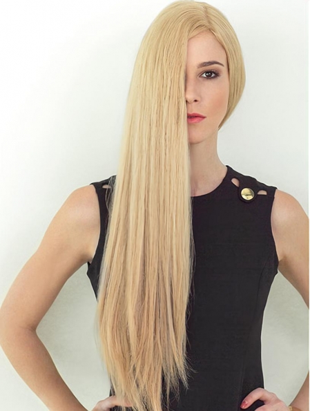 Soft  26" Long Straight Blonde Layered Hand Tied Lace Front Women Human Hair Wigs