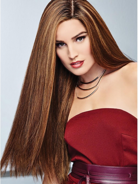 24'' Long Straight 100% Hand-Tied Brown Without Bangs Hand-tied Human Hair Women Wigs
