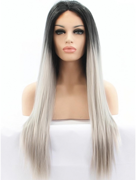 24" Straight Long Lace Front Two Tone Indian Remy Human Hair Women Wigs