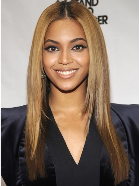 18'' Beyonce Knowles Pretty Layered Glossy Long Straight Lace Front Human Hair  Women Wig 