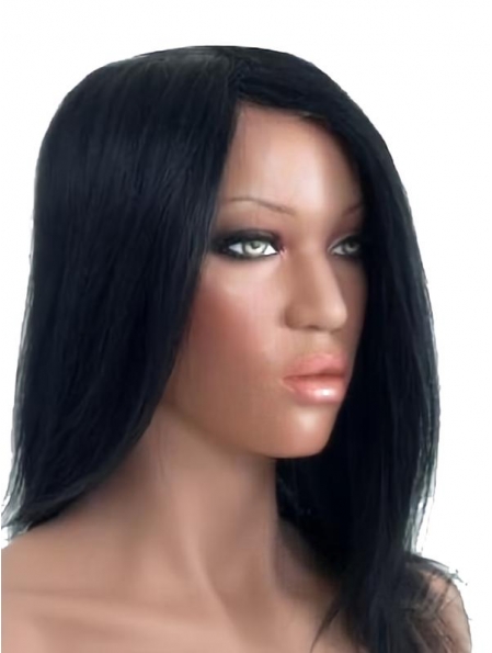14'' Fashionable Black Straight 100% Hand-Tied Mono Top Long Human Hair Women Wigs