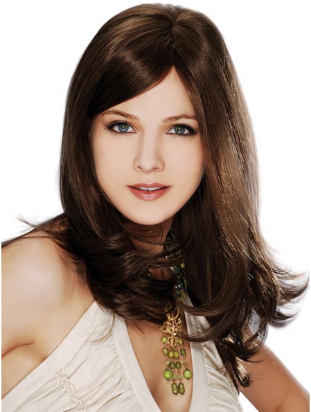 Tempting Long Brown Straight 100% Hand-Tied Mono Top Remy Human Hair Women Wigs