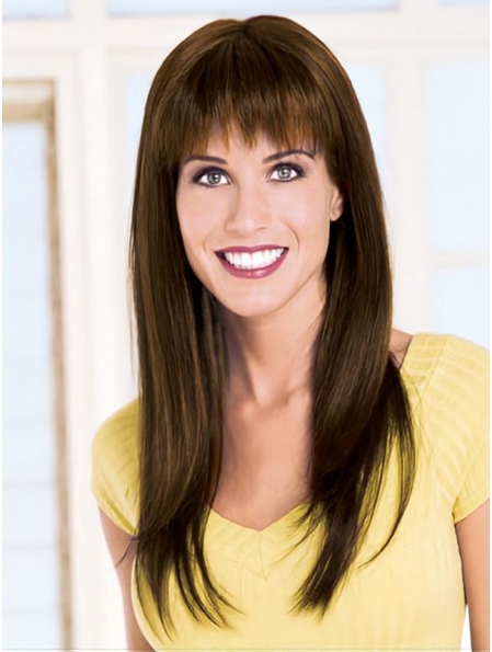  Gentle Brown Straight With Bangs Capless Remy Human Hair Long Women Wigs