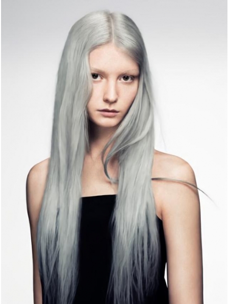 24'' Long Straight Lace Front Young Fashion  Remy Human Hair Grey Women Wigs
