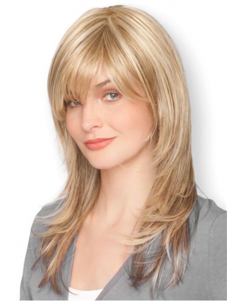 16'' Excellent Long Straight With Bangs monofilament Beautiful  Blonde Synthetic Women Wigs