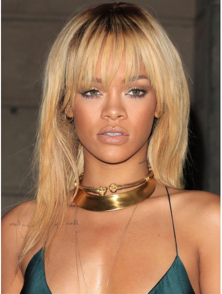 18'' Rihanna Gorgeous Blonde Long Layered Straight with Bangs Lace Front 100% Human Remy Human Hair Women Wig 