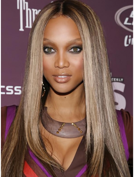 22''  Long Straight Lace Front Human Hair Women Tyra Banks Chic and Stylish Wig 