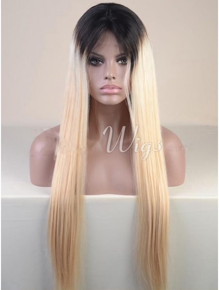 24" Long Straight Full Lace Indian Remy Human Hair Two Tone Women African American Wigs