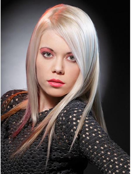 16'' Young Fashion Platinum Blonde Long Straight Lace Front Remy Human Hair Shoulder Length Women Wigs