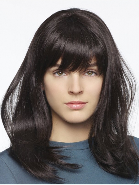 14'' High Quality Fabulous Black Long Straight With Bangs Lace Front Shoulder Length  Synthetic Women Wigs