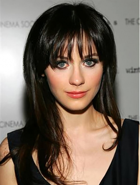 18"  Long Straight With Bangs Lace Front Black Remy Human Hair Women Zooey Deschanel Wigs