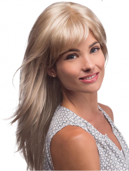 20'' Amazing Straight With Bangs Blonde Monofilament Lace Front Remy Human Hair Long Women Wigs