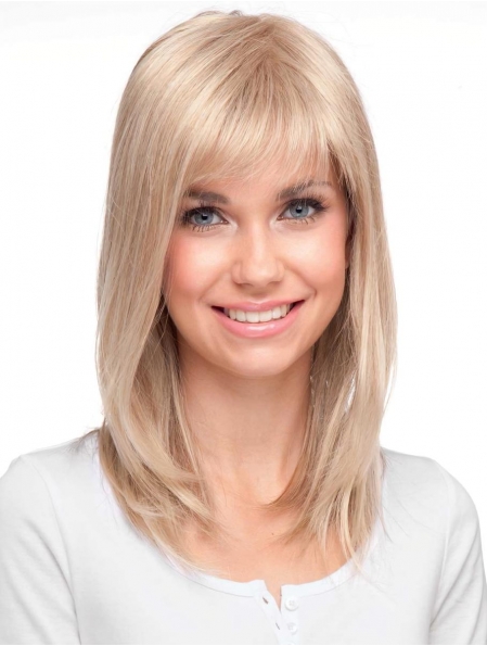 14'' Blonde Straight  With Bangs Monofilament Synthetic Easeful Long  Women Wigs
