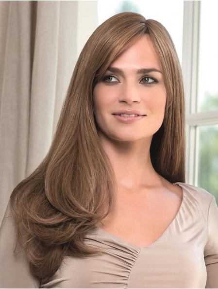 21'' Blonde Straight With Bangs Monofilament 100% Hand-Tied Remy Human Hair Women Cosy Long Wigs