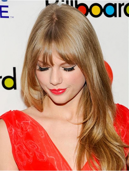 Glamorous Blonde Straight With Bangs 100% Hand-Tied Monofilament Long Human Hair Women Taylor Swift Wigs