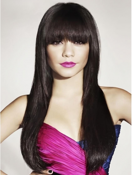 26'' Preferential Black Straight With Bangs Capless Long Human Hair Wigs For Cancer
