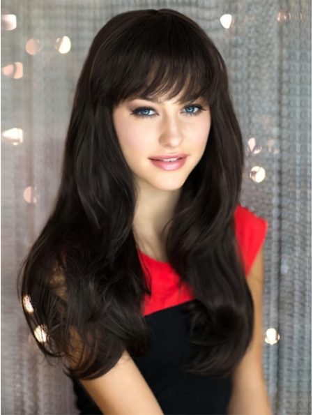 20'' Convenient Black Straight With Bangs Capless Remy Human Hair Long  Women Wigs