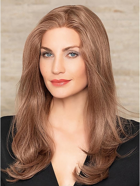 18'' Long Brown Wavy Without Bangs Monofilament  Lace Front 100% Human Hair WomenWigs