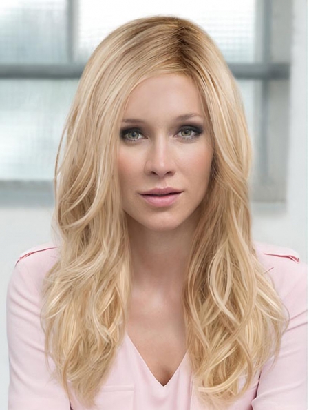 16" Wavy Without Bangs Blonde Monofilament Layered Really Long Synthetic Women Wigs