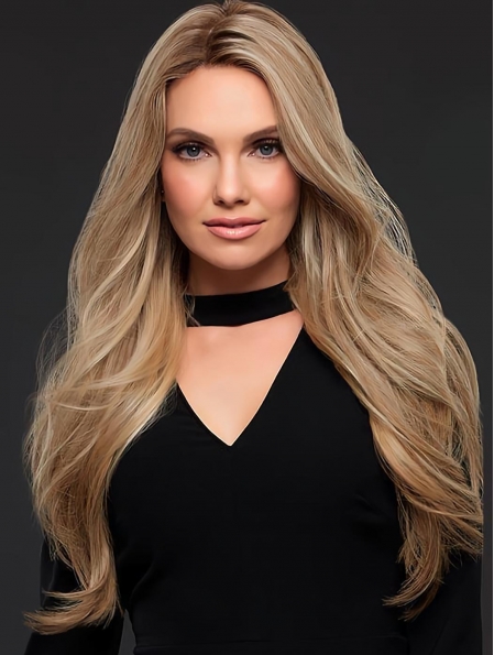 20'' Good Blonde Long Wavy Without Bangs 100% Hand-Tied Monofilament Human Hair Women Wigs