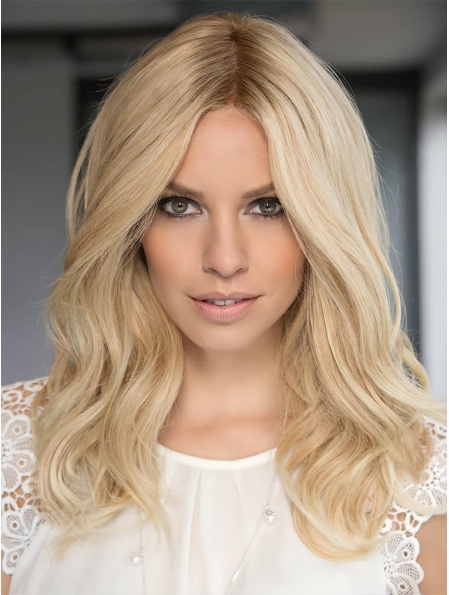 15'' Wavy Without Bamngs Platinum Blonde 100% Hand-Tied Monofilament Human Hair Women Wigs