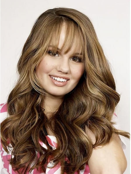 20'' Mature Brown Wavy With Bangs Monofilament Lace Front Long Human Hair Women Wigs