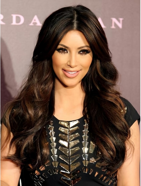 22'' Discount Black Wavy Without Bangs 100% Hand-Tied Monofilament Long Remy Human Hair Women  Wigs
