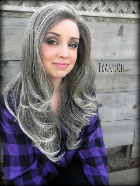 18'' Popular Long Wavy Wihtout Bangs Hand-tied Fabulous Synthetic Grey Wigs