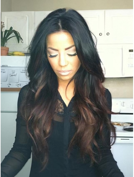 24'' Long Wavy Without Bangs Full Lace 100% Human Hair Ombre Color Wigs