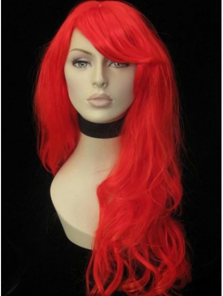 Bright Red Long Wavy Capless Human Hair Women Wigs