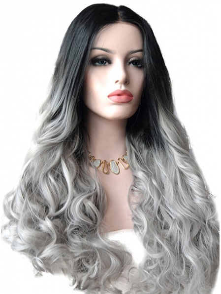 22" Wavy Without Bangs Long Lace Front Human Hair Ombre Wigs