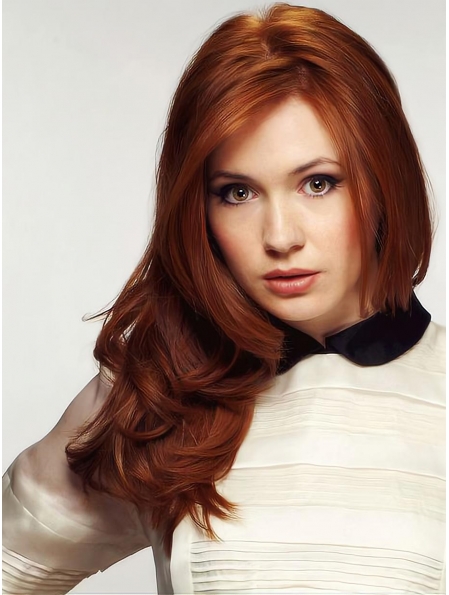 20'' High Quality Long Wavy Without Bangs Hand Tied Copper Human Hair Wigs 
