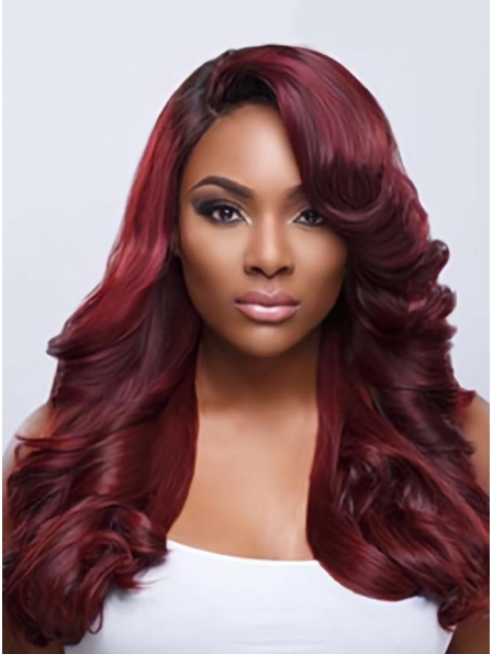 Dark Red Long Wavy With Wavy Bangs Charming Lace Front Wigs