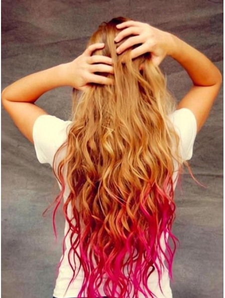 Wavy Blonde and Red to Purple Human Hair Ombre Wigs 