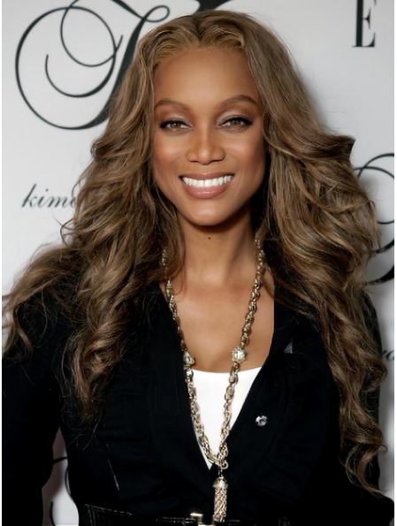 Tyra Banks Particularly Beautiful Long Beach-wave with Curls Glueless Lace Front Human Hair Wig 24 Inches