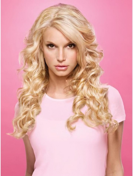 Lusciously pretty long tousled wavy lace human hair wig about 20 inches