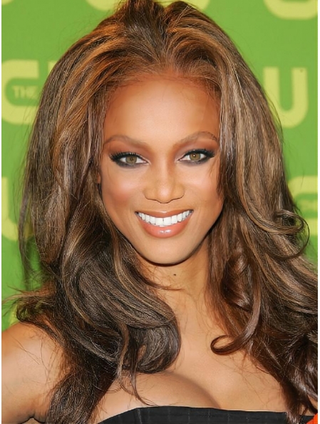 Tyra Banks Flowery Enthusiastic Long Wavy Lace Front Human Hair Wig 18 Inches