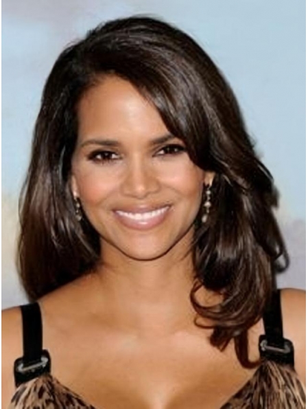 Halle Berry Feminine and Intellectual Long Layered Wavy Lace Front Human Hair Wig 16 Inches