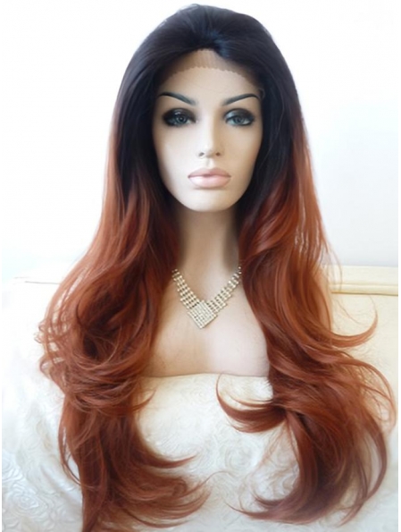Realistic 26 Inch long Wavy Lace Front 100% Remy Hair Ombre Wigs